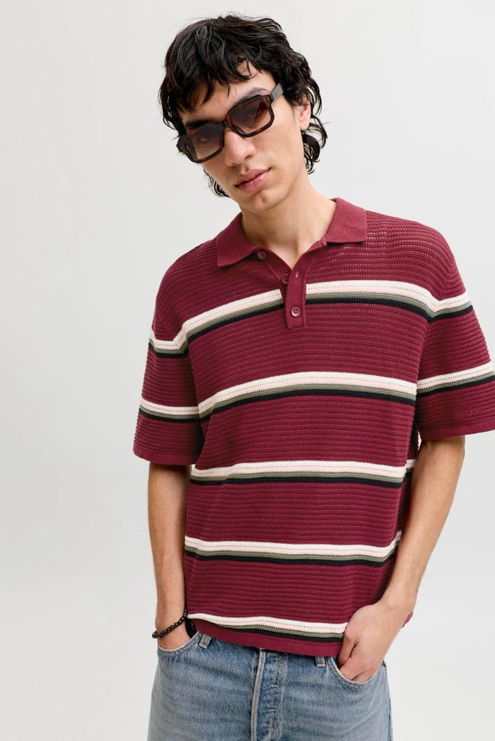 Jack & Jones Jormaine Knit Stripe Polo Cabernet - Image 4