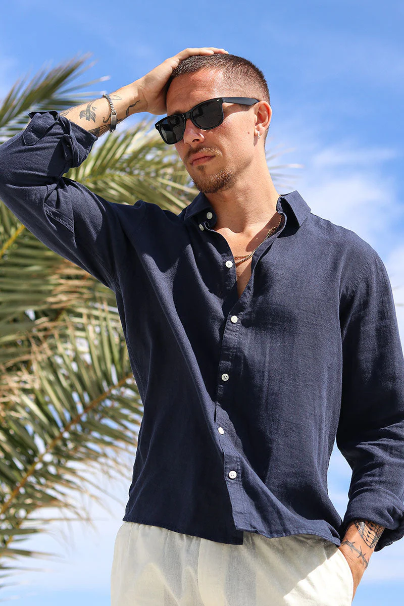 Solid Enea Allan Linen Shirt LS Insignia Blue - Image 3