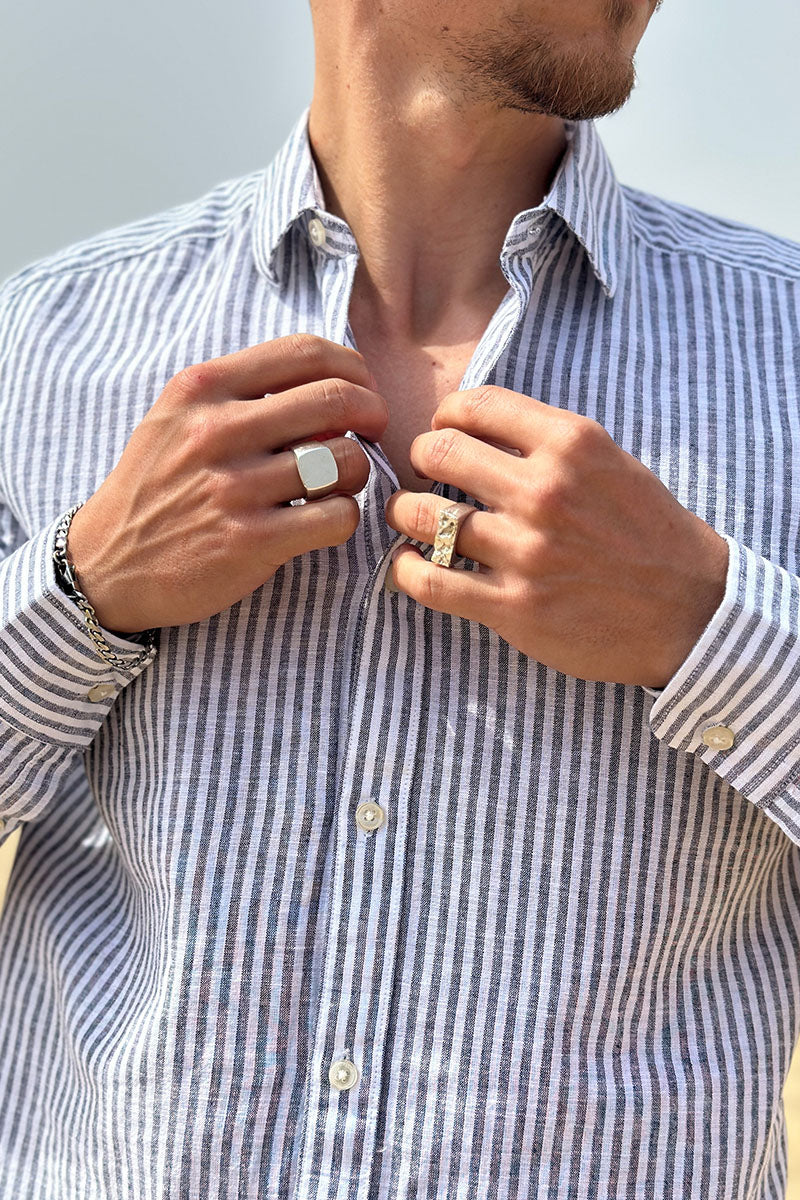 ONLY & SONS Caiden LS Stripe Linen Shirt Dark Navy - Image 3