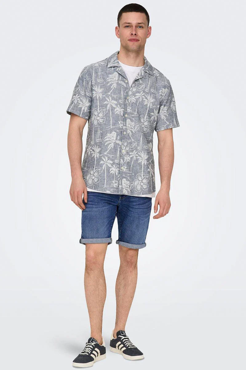 ONLY & SONS Caiden SS Regular Hawaii Linen Shirt Dress Blues - Image 2