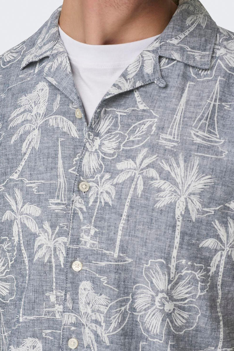 ONLY & SONS Caiden SS Regular Hawaii Linen Shirt Dress Blues - Image 4