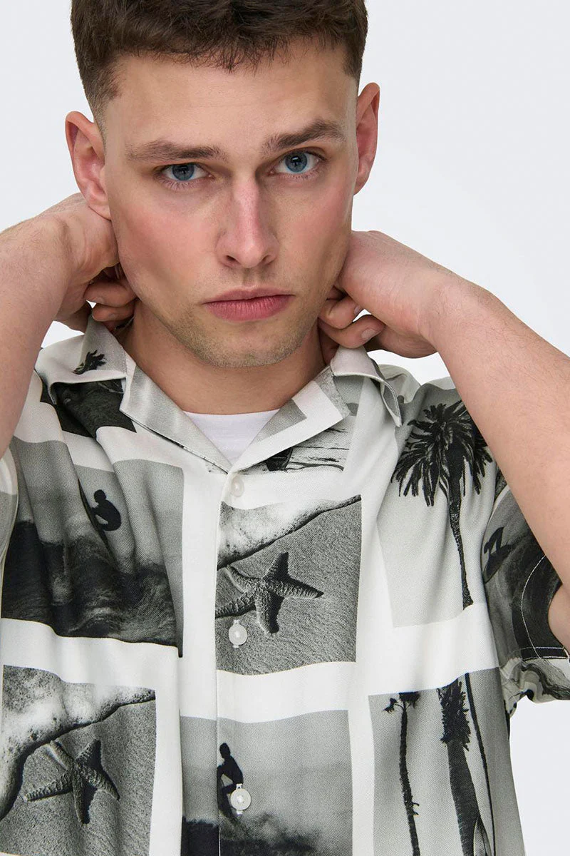 ONLY & SONS Nano Regular Cotton Viscose SS AOP Shirt Bright White - Image 3