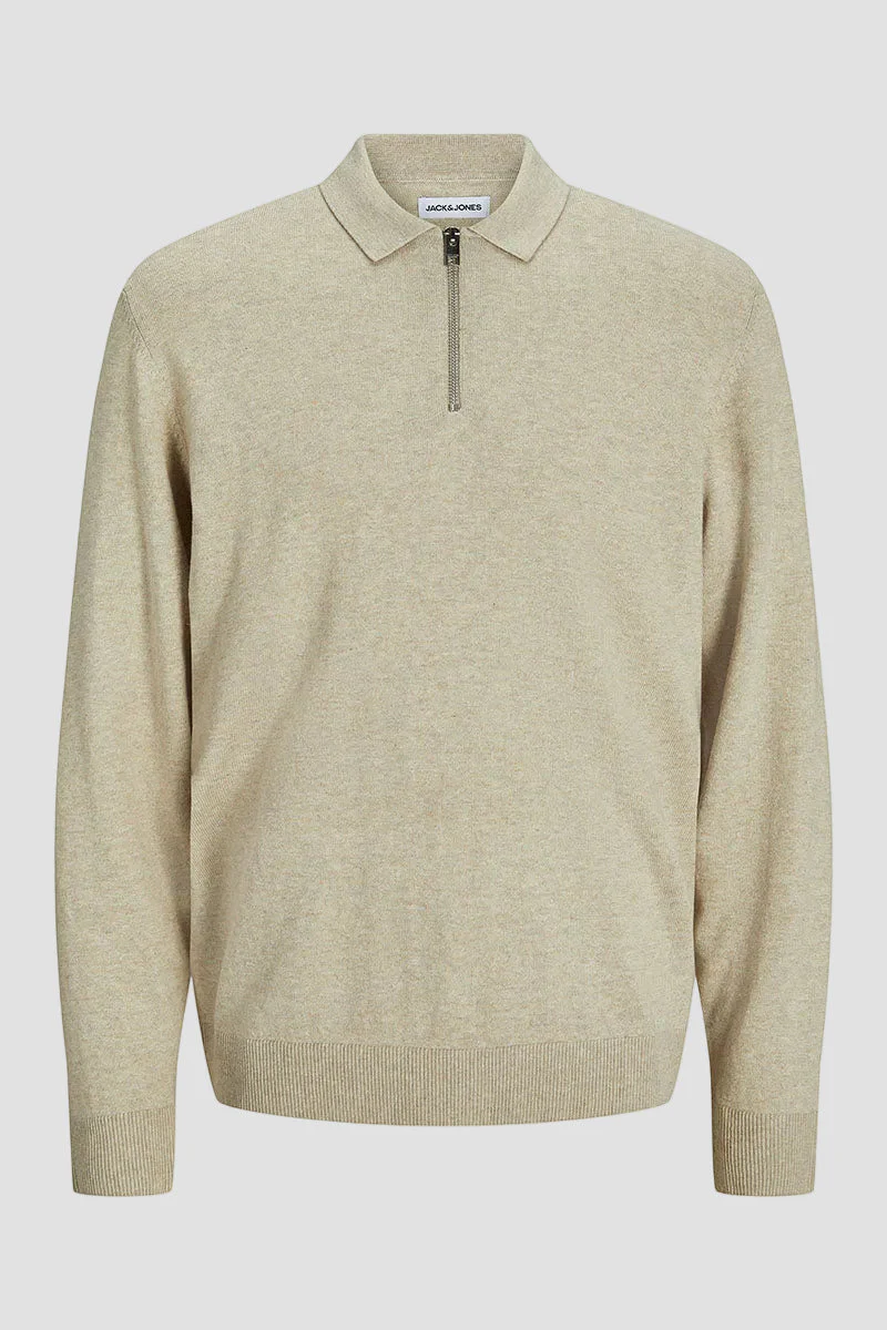Jack & Jones Emil Knit Polo Half Zip LS Oatmeal - Image 7