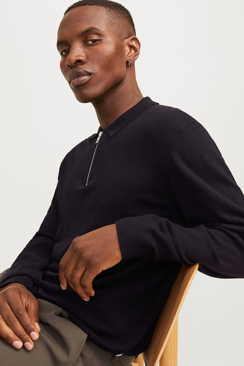 Jack & Jones Emil Knit Polo Half Zip LS Black - Image 4
