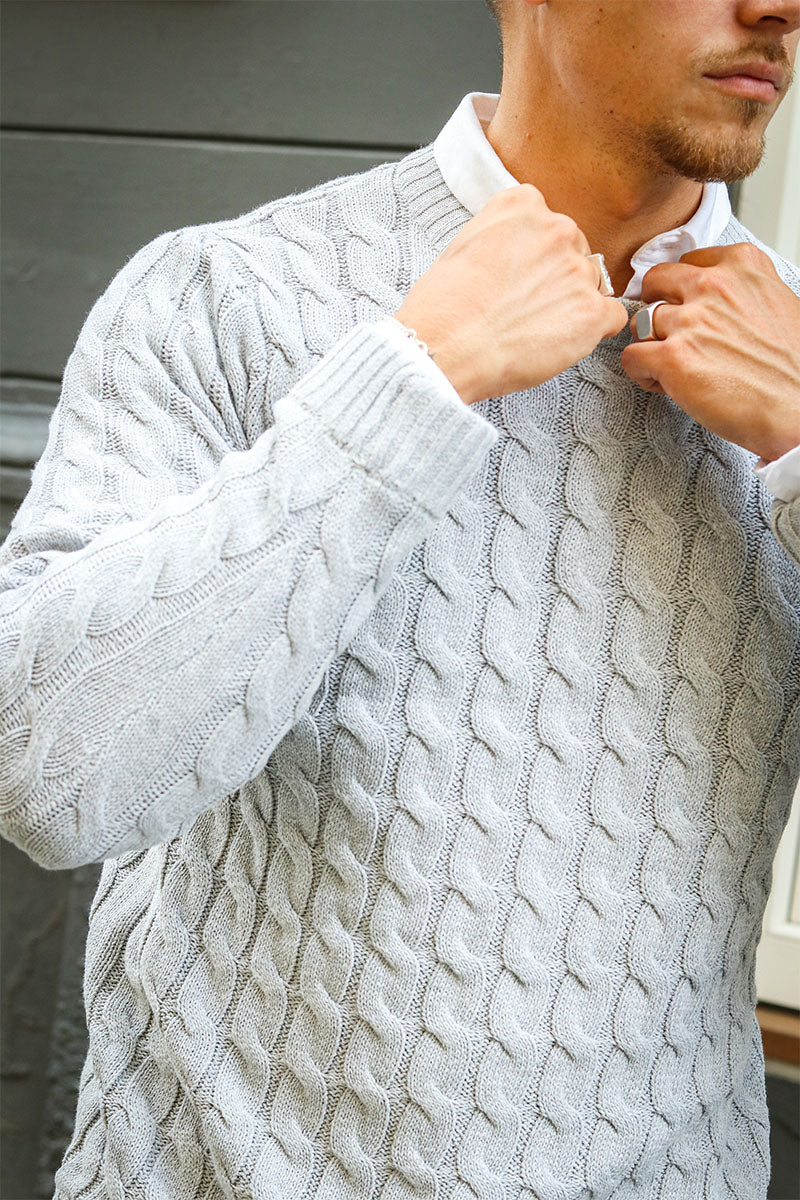 ONLY & SONS Kicker Cable Knit Crew Neck Light Grey Melange - Image 4