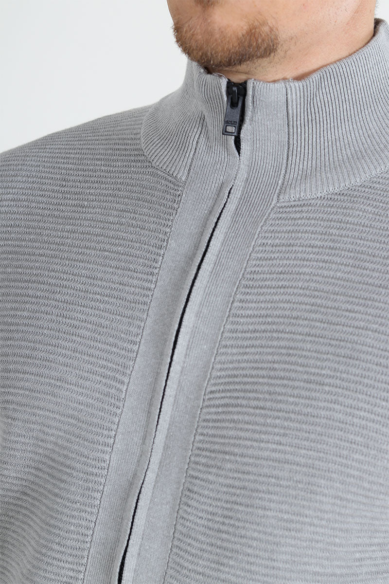 Solid Valencia Knit Full Zip Light Grey Melange - Image 4