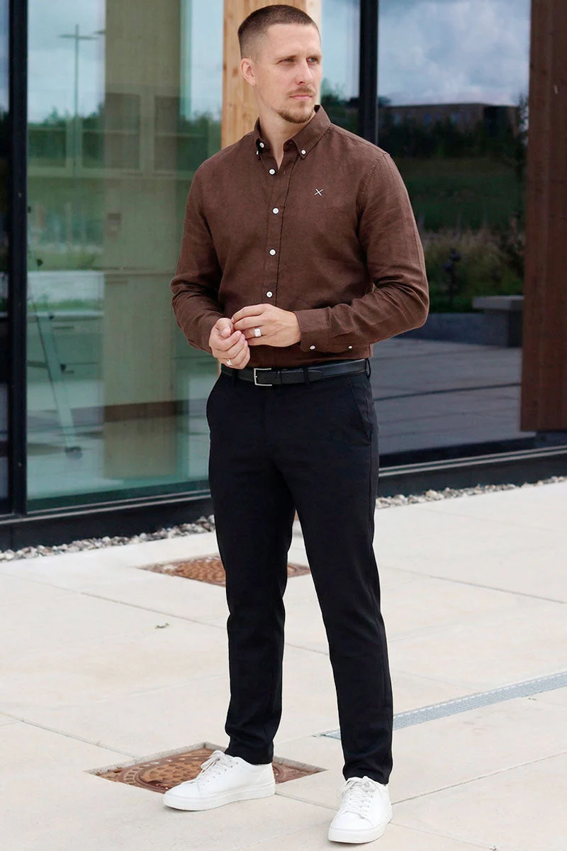 Clean Cut Copenhagen Oxford Stretch Plain L/S Dark Brown Melange - Image 2