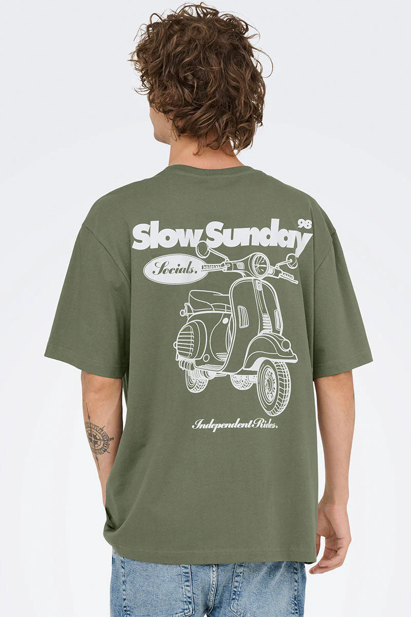 ONLY & SONS Nathan Backprint Relaxed Fit Tee Agave Green Slow