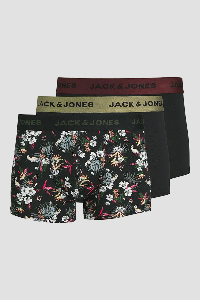 Jack & Jones Flower Microfiber 3 Pack Trunks Black
