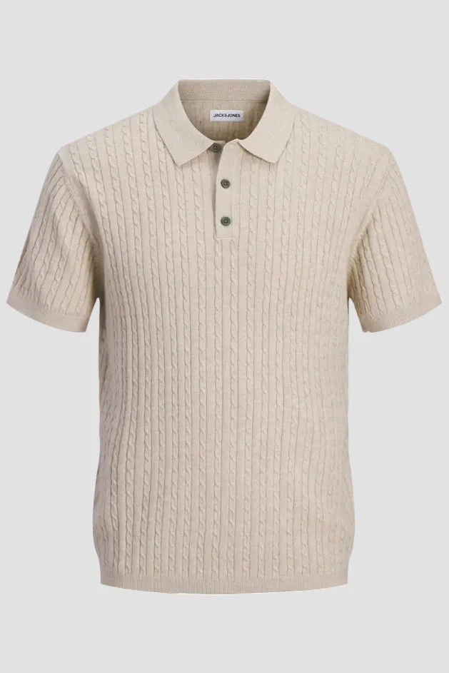 Jack & Jones Emil Knit Cable Polo SS Oatmeal - Image 5