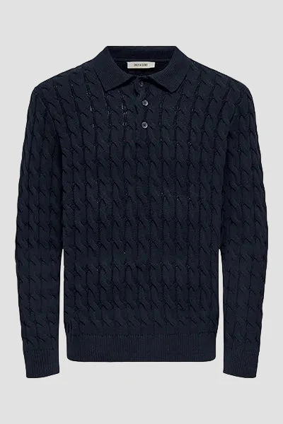 ONLY & SONS Kicker Cabel Polo Knit Dark Navy - Image 3
