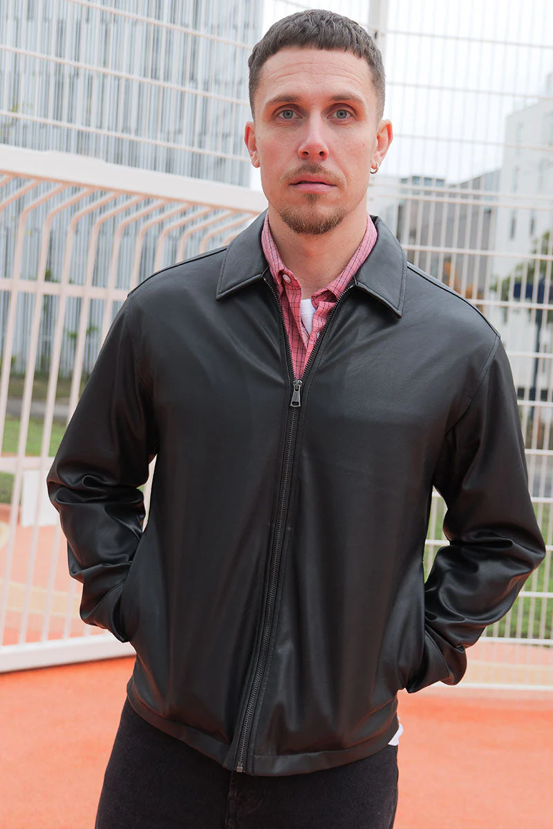Jack & Jones Party PU Zip Overshirt Black - Image 3