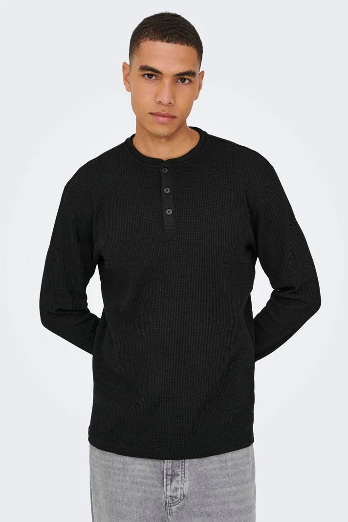Only & Sons Tobie Reg LS Henley Tee Black - Image 7