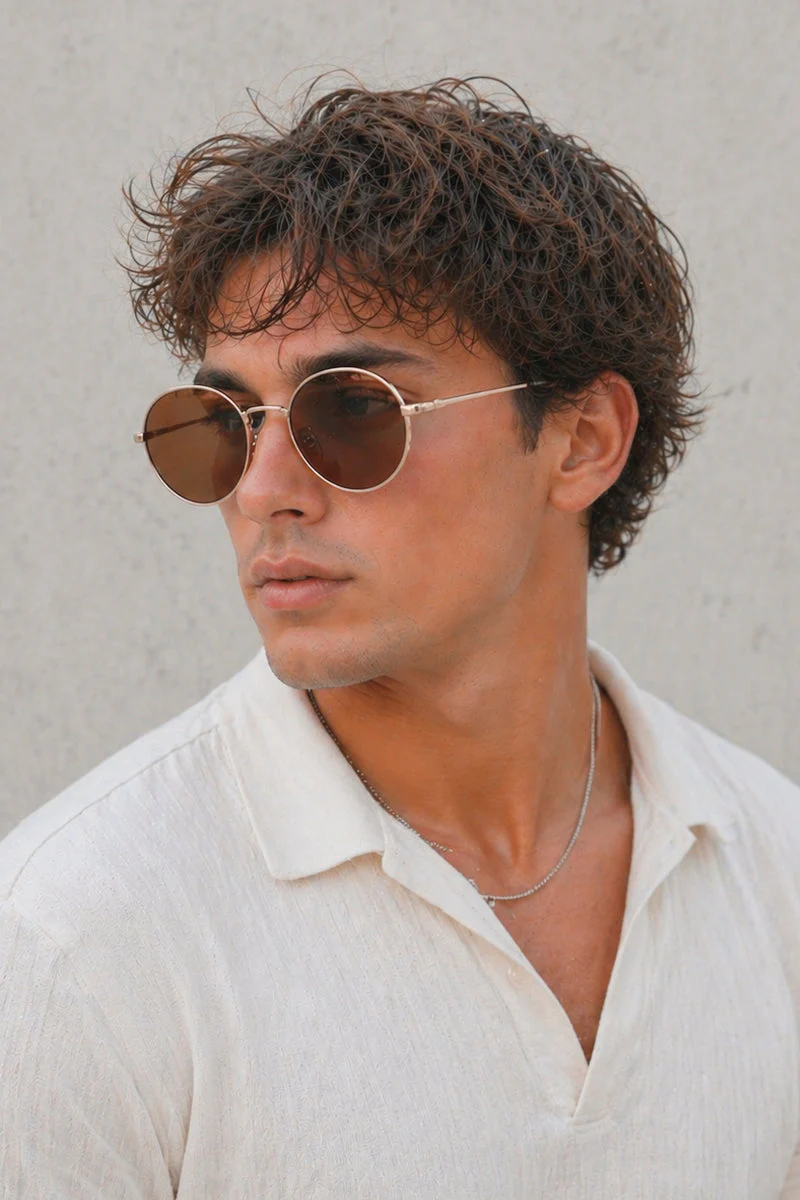CBA Classic Round Metal Sunglasses 8250 Gold Brown - Image 2